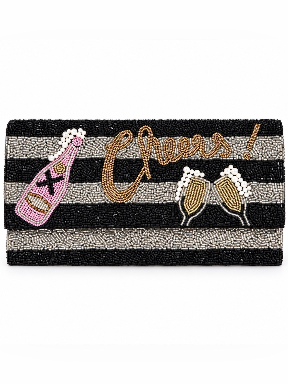 New Viola Black Silver Cheers Champagne Pearl Fizz Bead Sequin Envelope Clutch